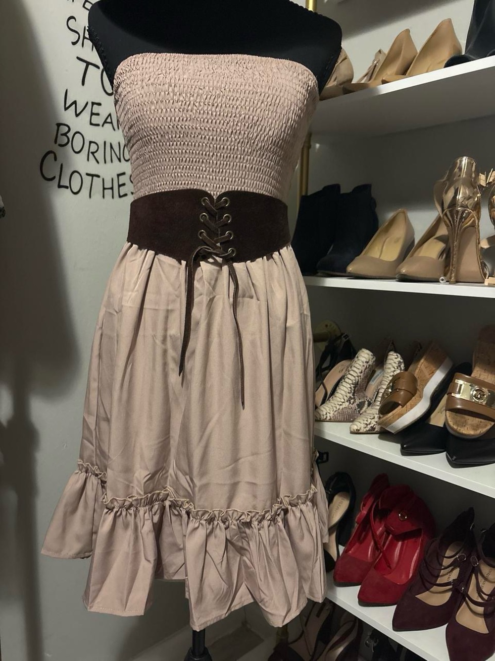 SHEIN Blush Strapless Smocked Dress Lace-Up Waistband